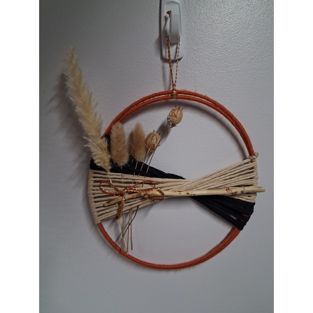 Handmade Boho Woven Hoop Wall Hanging Dried Pampas Grass Poppy Pods Driftwood